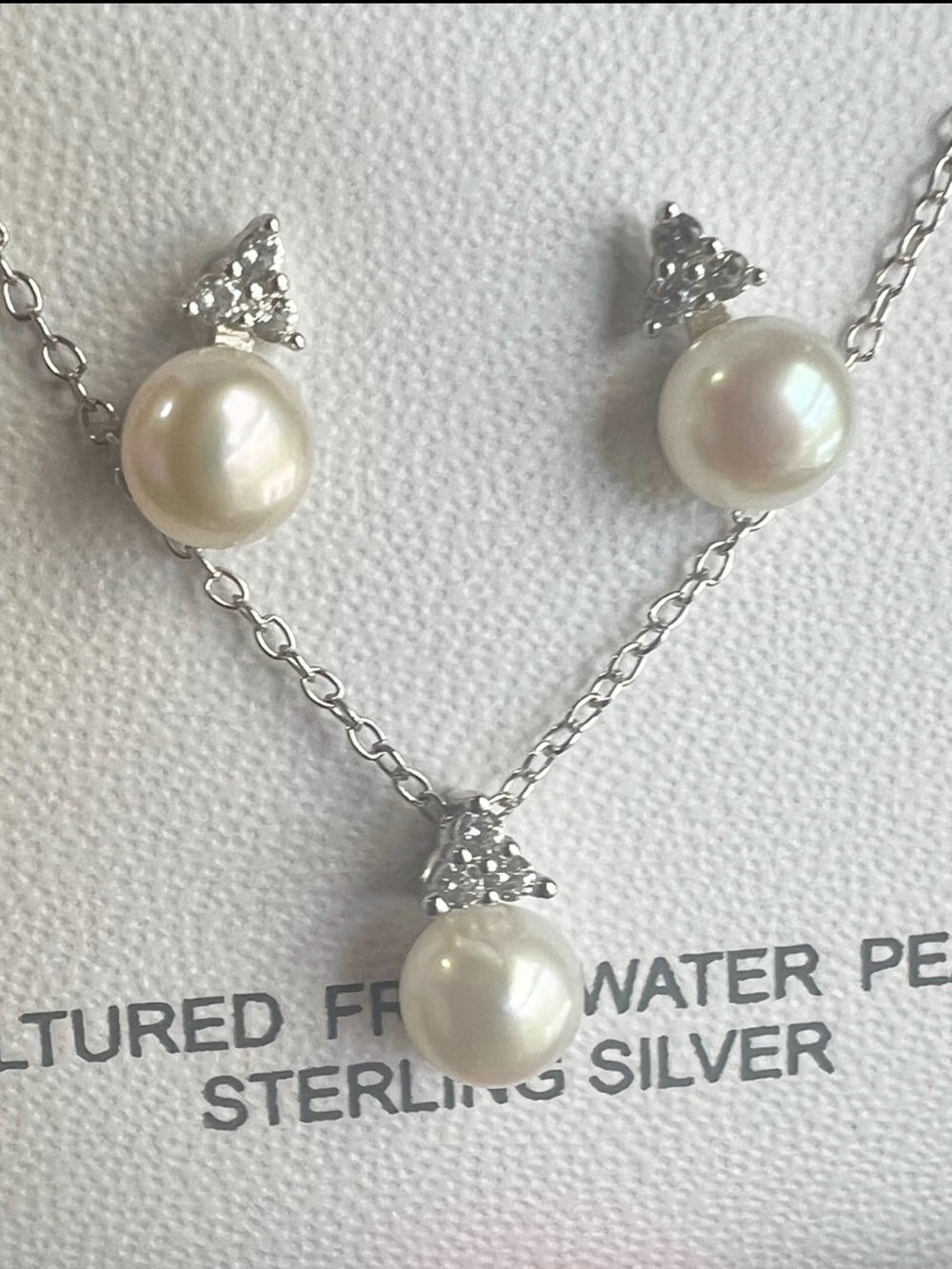 Cultured Freshwater Pearl White Sapphire Sterling Silver Necklace Earrings Set
